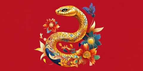 Fototapeta premium Golden snake vibrant multicolored floral and abstract patterns on red background. Chinese New Year 2025 zodiac illustration for banners, cards, posters, invitations. Lunar holiday design template.