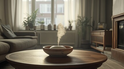 Modern diffuser on a wooden table in a tranquil living room, releasing aromatic steam into a soft, warm ambia