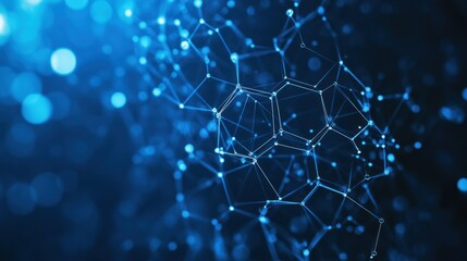 A close-up of a hexagonal structure amidst a network of interconnected molecules, representing advanced scientific concepts in nanotechnology