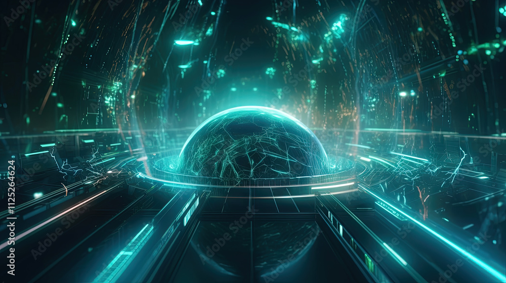 Poster abstract light streaks in a dynamic digital space with glowing green elements