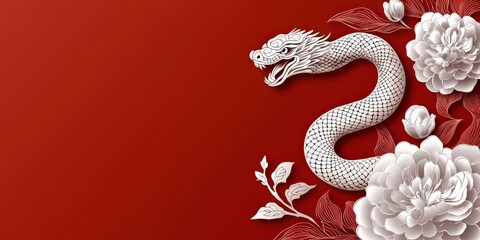 Fototapeta premium Delicate paper-cut zodiac snake with floral and ornamental patterns on bold red background. Represents Chinese New Year 2025, with space for text, seasonal greetings. Ideal for cards, banners.