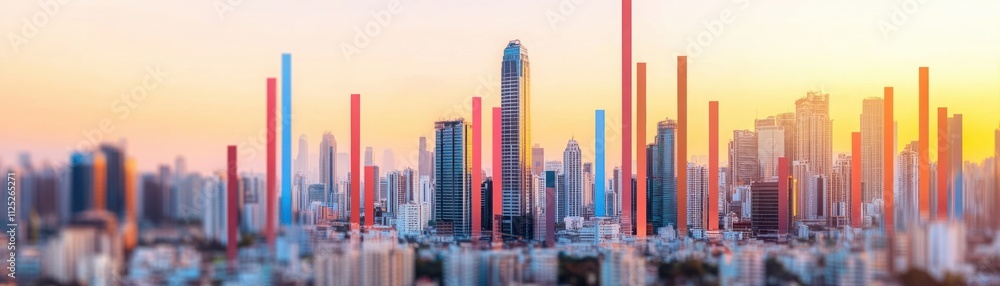 Poster urban skyline at sunset featuring modern architecture and vibrant vertical elements showcasing a ble