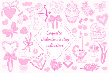 Valentine's Day cute collection. Pink girly coquette y2k aesthetic set, elegant vintage accessory. Lovely cute collection, red cherrie, pink ribbon, bow, heart, cupid. Vector illustration