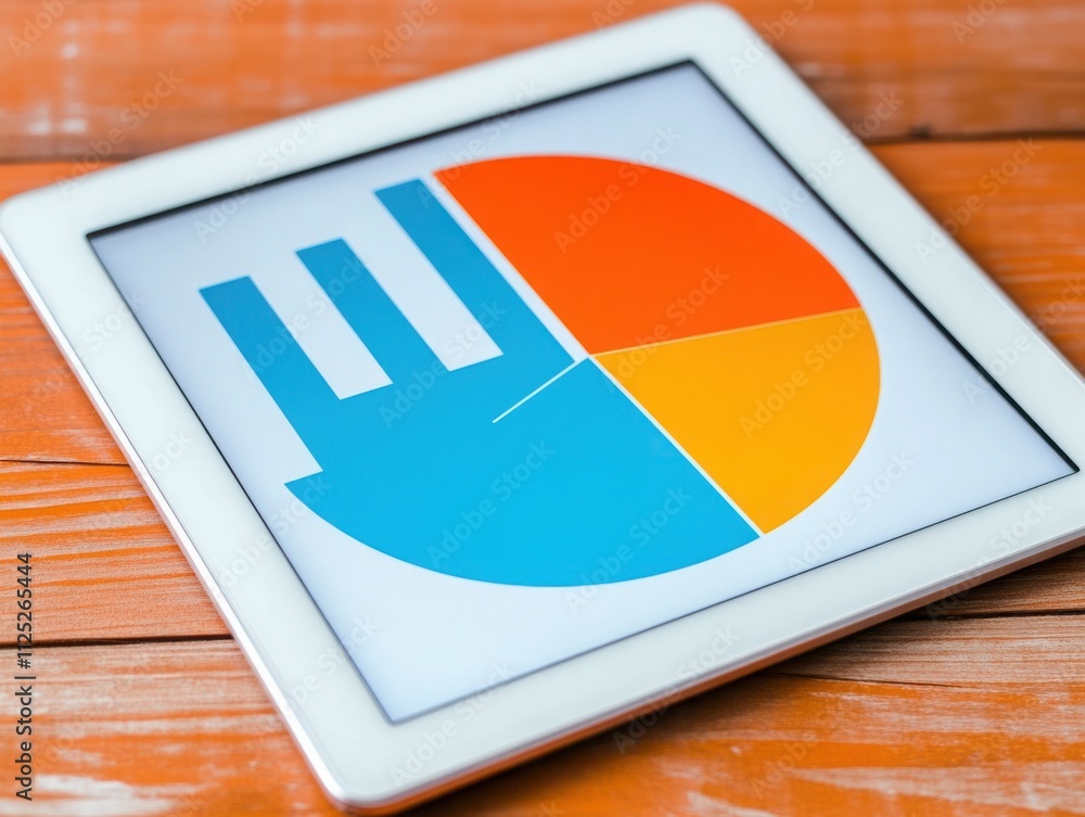 Poster colorful pie chart graphic displayed on a tablet device resting on a wooden surface, showcasing mode