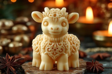 A decorative cow figurine made of carved soap, set against a warm, festive background.