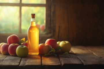 Apple Cider Vinegar Bottle Surrounded by Fresh Apples on Rustic Table