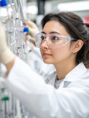 Female Scientist in Lab Conducting Research with Glasses and Equipment