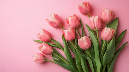 Obraz premium Pink Tulips on Pink Background Top View Spring Bouquet