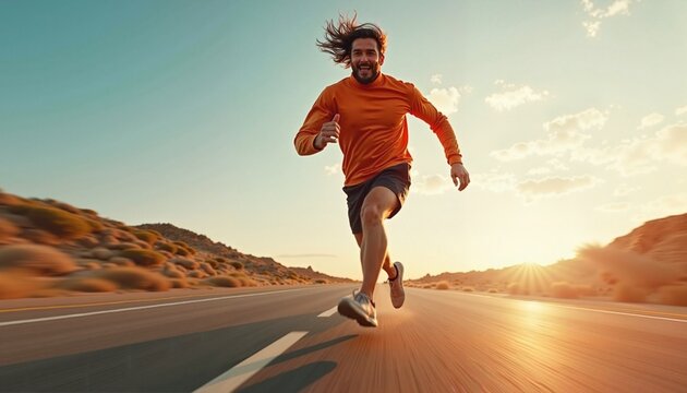Young man running joyfully on the road at sunset with mountains in the background