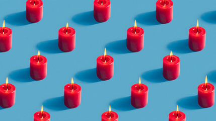  a vibrant and visually striking arrangement of red objects with golden cone-shaped tips, evenly spaced in a grid pattern on a bright blue background. The objects cast long, sharp shadows