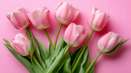 Obraz premium Pink Tulips on Pink Background Top View Spring Bouquet