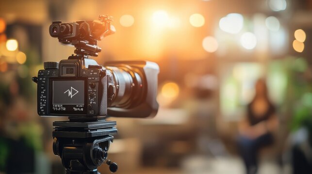 Recording an engaging interview with a professional setup in a contemporary television studio featuring a blurred background for focus. Generative AI