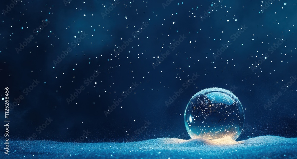 Poster a snow globe on the ground with falling snow, against a dark blue background web banner with copy sp
