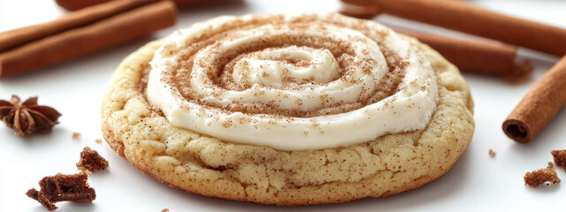 Delicious cinnamon roll cookie topped with creamy frosting and sprinkled with cinnamon, surrounded by cinnamon sticks on a white background.