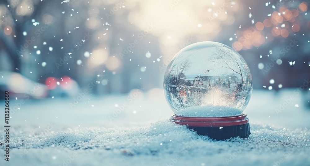 Poster a snow globe on the ground with falling snow, creating an atmosphere of magic and wonder web banner 