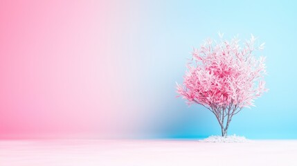 Pastel pink and blue background with a small stylized tree.