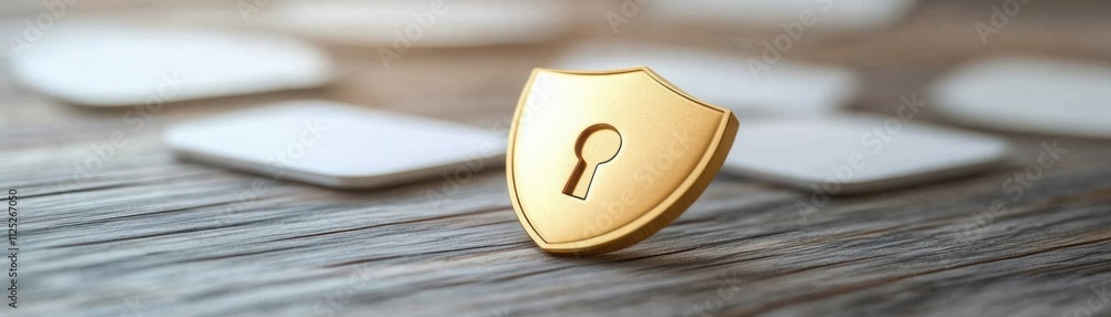 Poster golden shield with keyhole symbolizing security and protection on a wooden background with minimalis