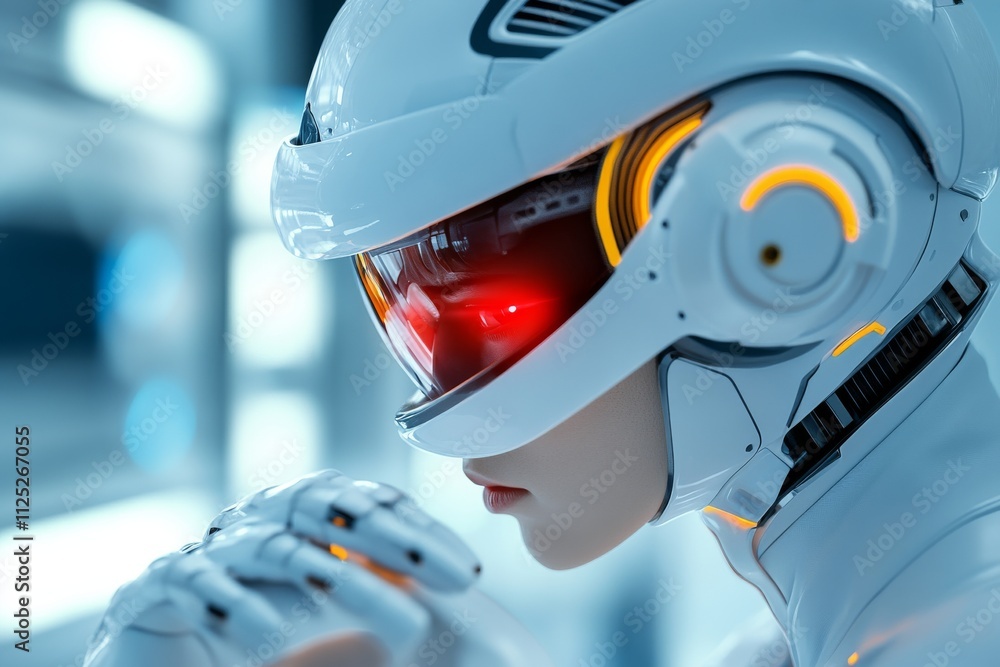 Poster futuristic robot with advanced visor exploring a high-tech environment in bright blue tones