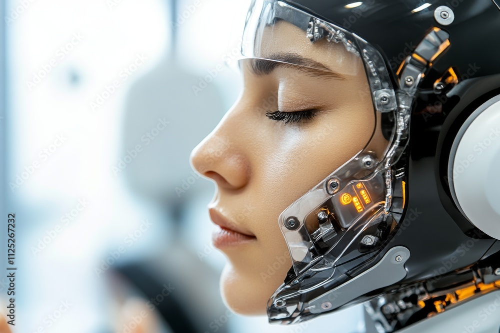 Aufkleber close-up of an advanced humanoid robot with intricate facial features and technology components on d