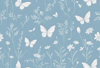 Seamless pattern with butterflies and white flowers