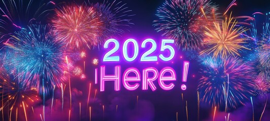 A bold banner with fireworks and bold typography reading "2025 is Here!" in bright, contrasting colors, perfect for catching attention