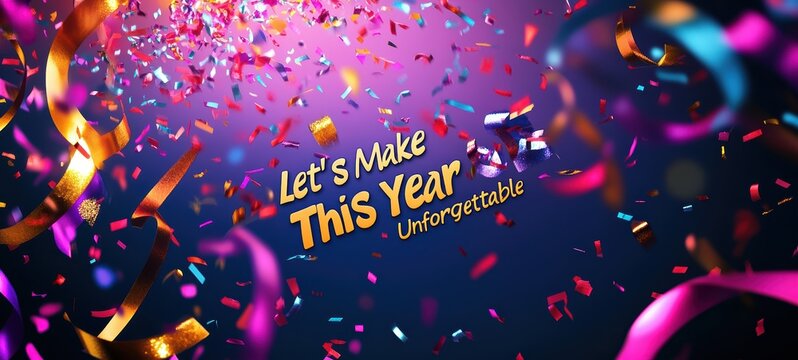 A banner with streamers, confetti, and the inscription "Lets Make This Year Unforgettable"
