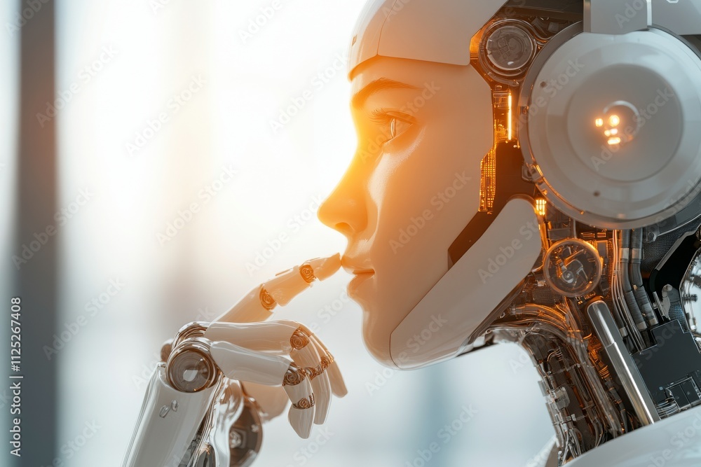 Poster innovative humanoid robot with thoughtful expression engaging in artificial intelligence reflection 
