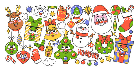 Cute colorful merry Christmas and happy new year stickers, funny design elements isolated set