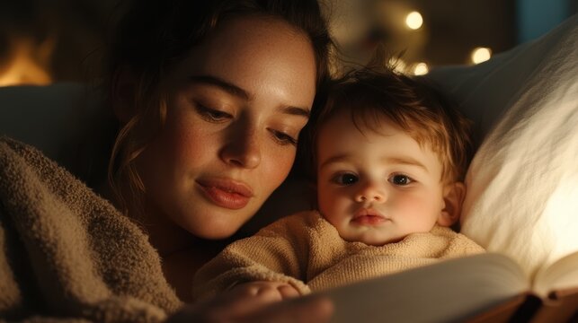 A cozy scene featuring a mother reading to her baby by soft candlelight, evoking warmth and intimacy, Perfect for themes of parenting, bedtime routines, or family bonding,