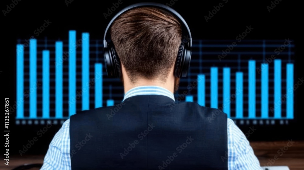 Poster business professional analyzing market data at a computer desk with headphones and digital graphs di