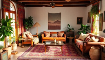 Boho living room with colorful textiles, vintage furniture, an eclectic mix of plants, and layered rugs creating a warm, laid-back vibe