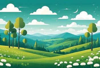 Sunny rural landscape with three trees.