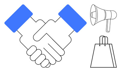 Handshake indicating agreement, megaphone for marketing, and shopping bag for retail and consumption. Ideal for business deals, marketing strategies, customer relations, sales, retail, commerce