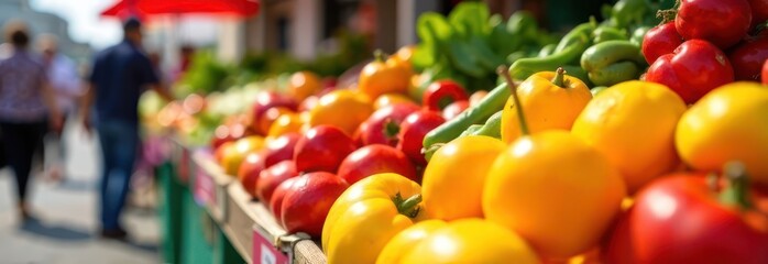 colorful display of fruits and vegetables on outdoor market stand, blurred background. banner design of market scene, promoting fresh produce.