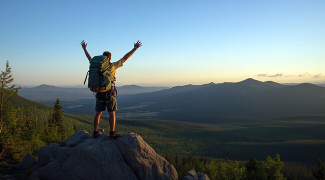 Un randonneur se tenant au sommet d'une montagne, les bras lev&eacute;s en signe de victoire, avec le lever du soleil en arri&egrave;re-plan, portant un sac &agrave; dos et des chaussures de randonn&eacute;e.