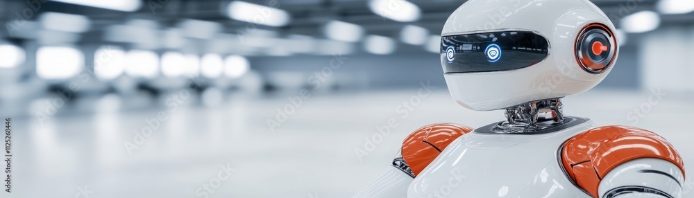 Aufkleber futuristic humanoid robot with glowing blue and red features standing in a modern industrial space, 