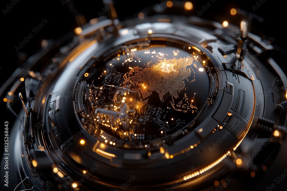 Poster futuristic globe representation with glowing data points and technology elements depicting modern co