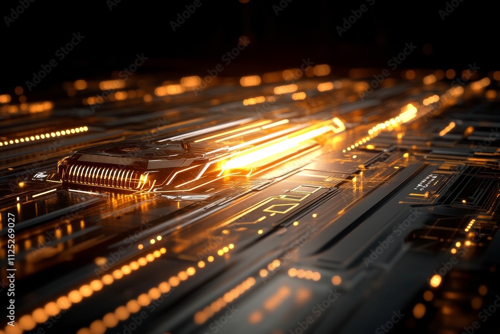 Poster advanced technology circuit board with glowing elements situated in a dark environment showcasing in