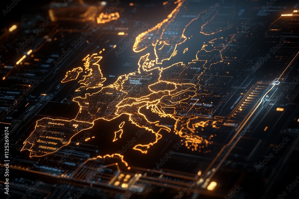 Poster digital map of europe illuminated by glowing circuitry in a futuristic design