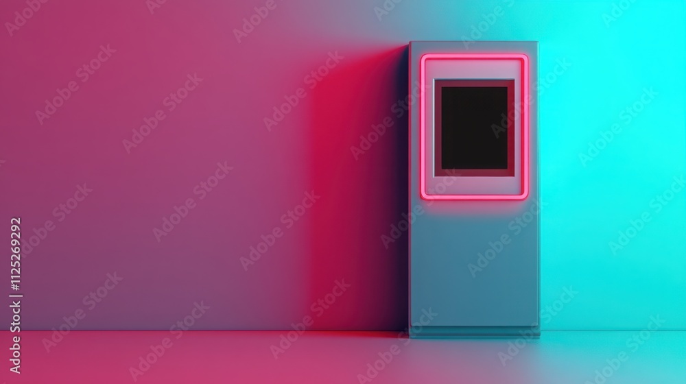 Poster futuristic neon-lit wall with a retro-style vending machine in vibrant pink and blue hues on a sleek