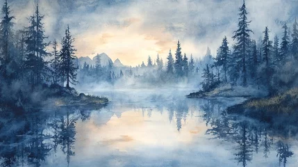 Printed kitchen splashbacks Watercolor and ink painting landscape of foggy morning by a remote forest lake