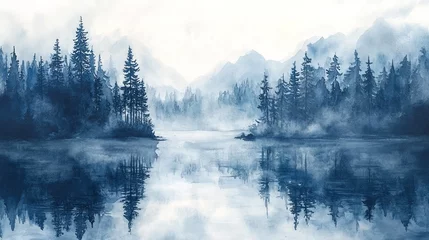 Papier peint photo intissé Watercolor and ink painting landscape of foggy morning by a remote forest lake