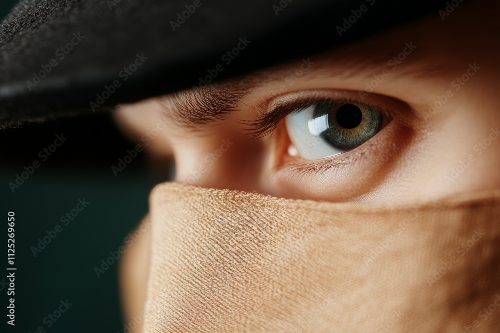 Aufkleber close-up view of an expressive eye partially covered with fabric in a mysterious setting during a qu