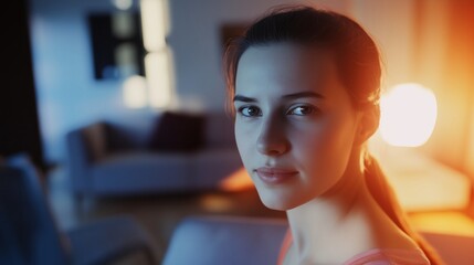 Woman is sitting in front of a couch