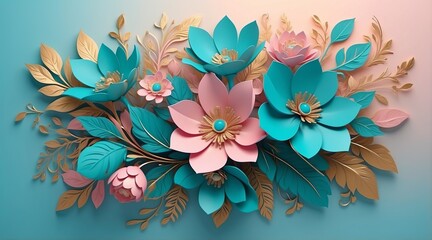 Elegant paper floral arrangement in pink, turquoise and gold tones