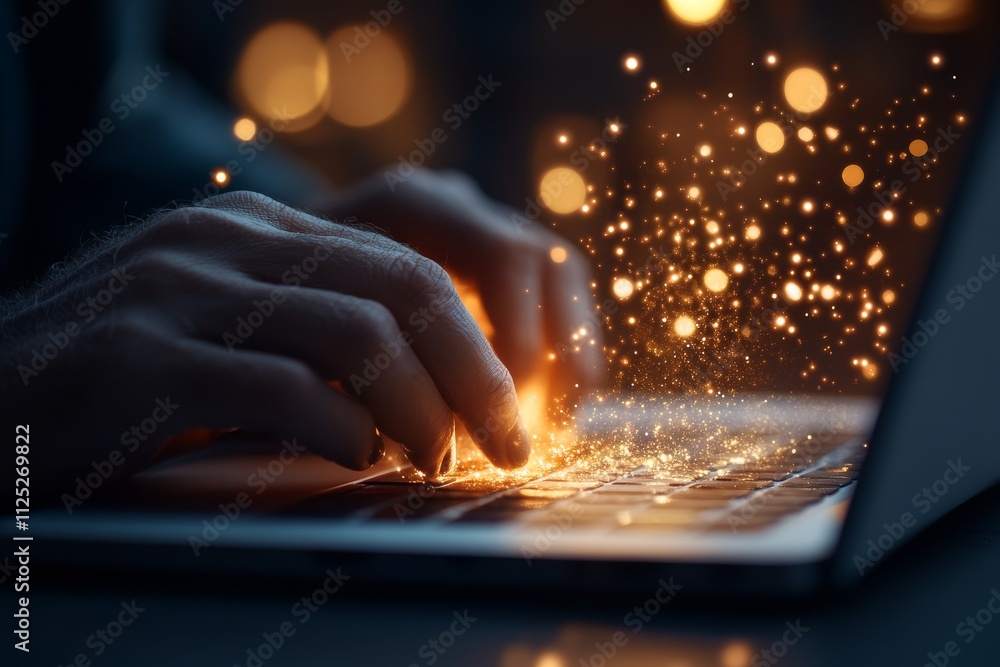 Poster hands typing on a laptop keyboard with glowing sparks in a dim environment, illustrating creativity 