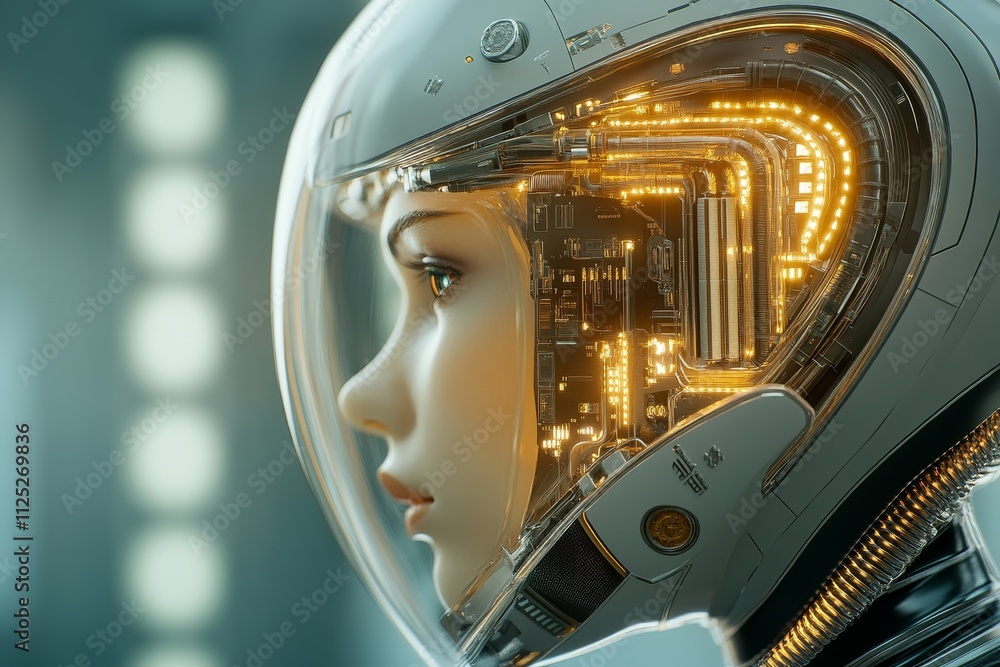 Poster futuristic female android in advanced helmet with glowing circuitry in a technology-driven environme