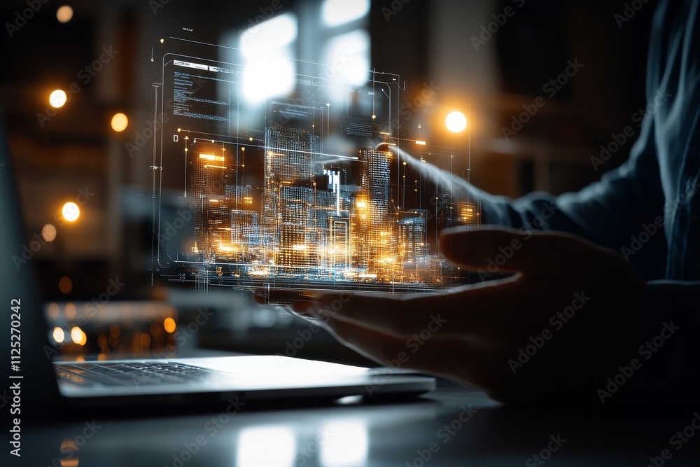 Aufkleber hands display a digital cityscape while working on a laptop in a modern workspace