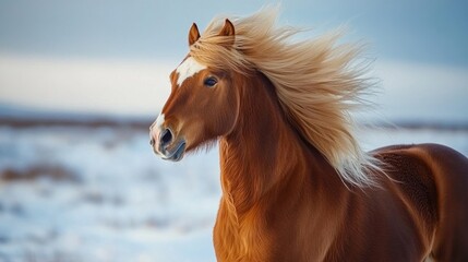 Obraz premium Chestnut Horse with Flaxen Mane in Winter Landscape