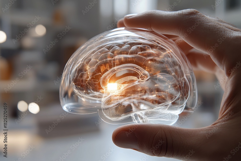 Poster holding a transparent model of a human brain illuminated in a scientific setting with blurred backgr